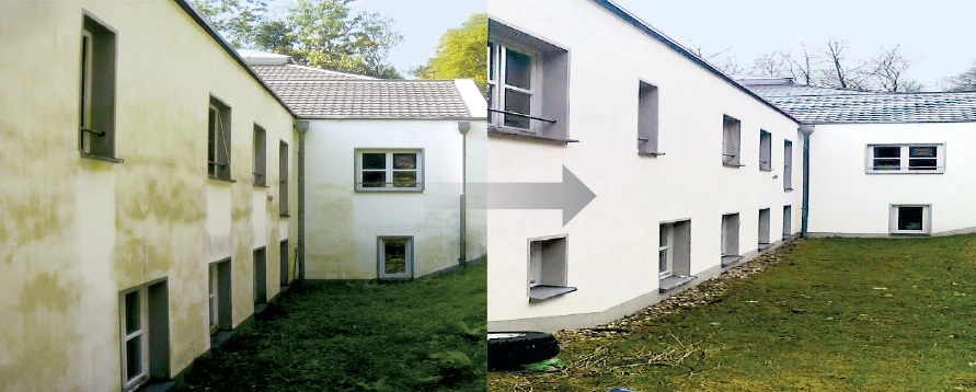 Vorher-nachher-Bild einer mit schadstofffreier Außenfarbe gestrichene Fassade